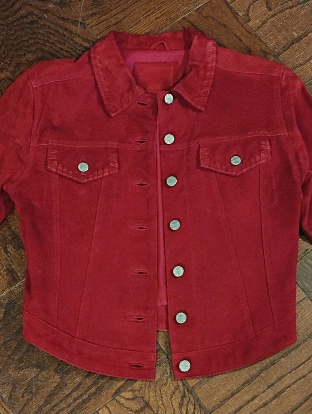 Vintage Joujou Red Suede Leather Jacket Cropped Western Buckstitch Trim Size M